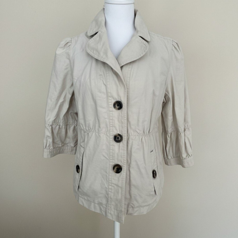 Ann Taylor Khaki Cotton Utility Jacket 3/4 Puff Sleeve Striped Lining Beige Sz M